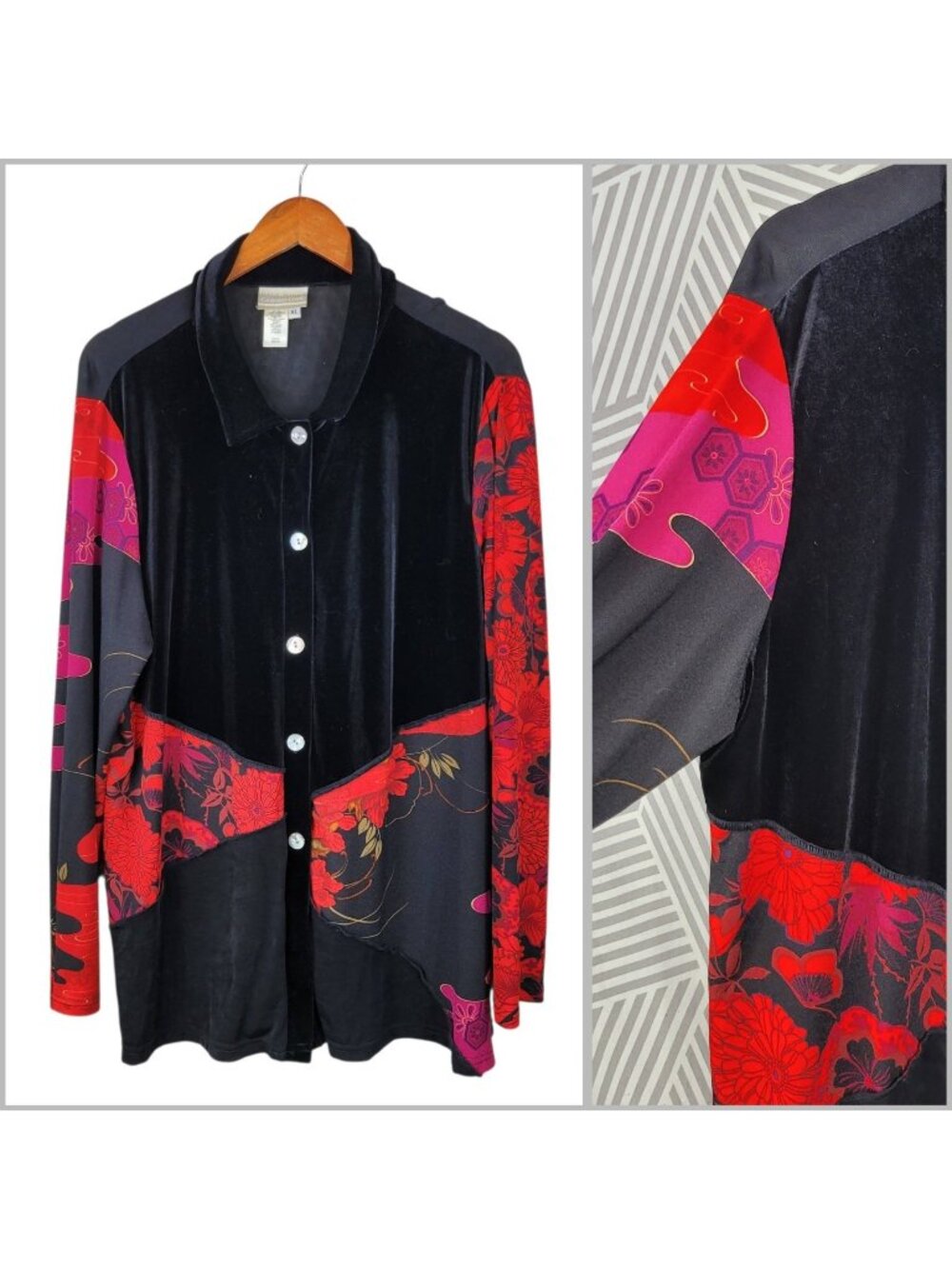 Coldwater Creek XL Velvet Top Jacket Romantic Floral Black Asian Art Vintage